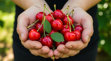 Close-up of hands holding a generous handful of ripe, red cherries, displaying the fresh fruit.