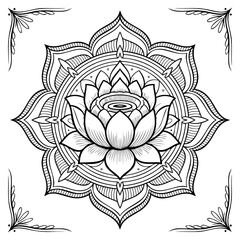Lotus mandala design in black and white with corner accents, isolated on white background