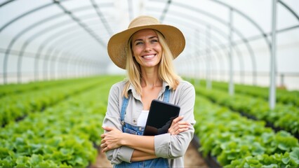 Young Woman in Greenhouse with Tablet Engaging in Smart Farming