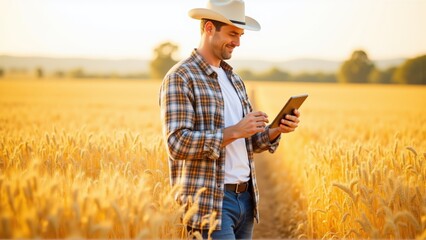 Modern Farmer Engaging with Technology in Golden Wheat Field