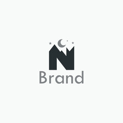 Abstract Mountain Letter N with Moon and Stars Logo with white background. 