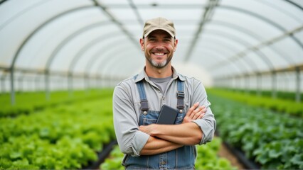 Smiling Farmer in Hydroponic Greenhouse with Smartphone