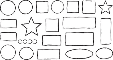 Hand-Drawn Sketchy Outline Shapes Vector Set of Circles, Squares, Rectangles, Ovals, and Stars for Creative Graphic Design Elements, Frames, and Assets.