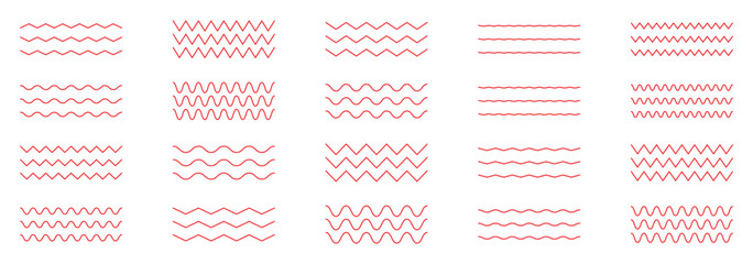 Wave line and wavy zigzag pattern lines. Vector black underlines, smooth end squiggly horizontal curvy squiggles on white background.