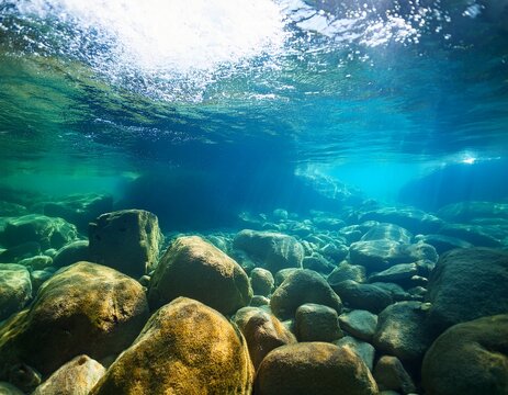 rocks underwater on riverbed with clear freshwater dumbea river grande terre new caledonia