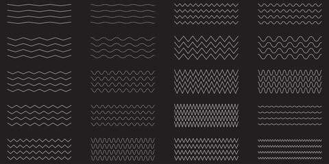 Wave line and wavy zigzag pattern lines. Vector black underlines, smooth end squiggly horizontal curvy squiggles on white background.