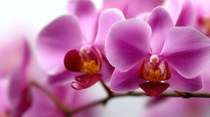 Obraz premium Delicate pink orchids in full bloom show intricate petals and vibrant colors against a soft, blurred background