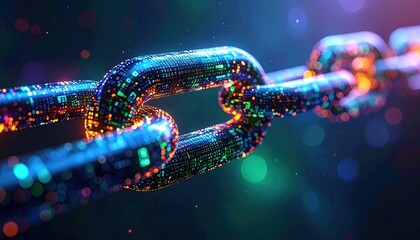 A vibrant digital chain link illuminated by colorful lights, symbolizing connectivity and technology in a futuristic setting.