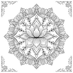 Lotus flower mandala pattern in black and white, isolated on white background