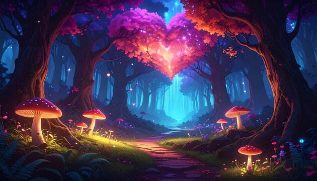 Magical forest path with a glowing heart