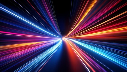 colorful light trails create dynamic motion against a dark background in a vibrant display of energy and speed