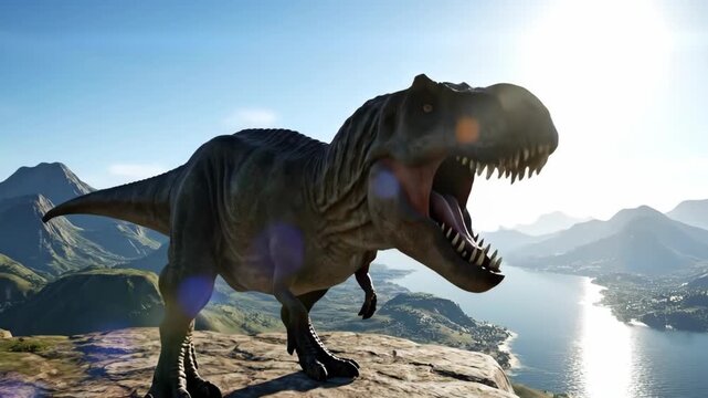 TRex on the Edge Prehistoric Majesty Overlooking Modern Mountains.