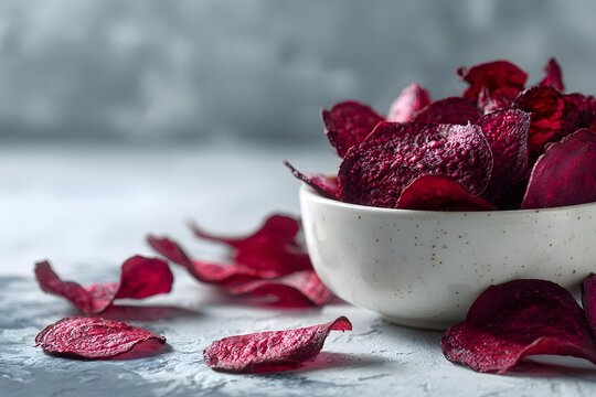 Beetroot chips in a bowl, crispy texture, scattered chips around on marble table,