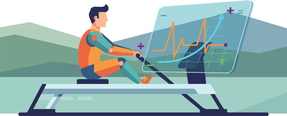 AI Rowing Stroke Power Curve and Drive Efficiency Analysis Vector Illustration. Rower Training on Smart Ergometer.