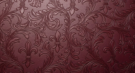 Elegant Burgundy Damask Pattern with Fleur de Lis Motifs and Textured Background