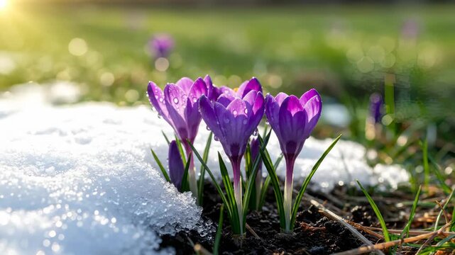 Purple Crocus Blooming Through Melting Snow in Spring
