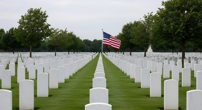 American Flag Flying Over a Solemn Military Cemetery with Endless White Headstones, Symbolizing Veterans Day and Remembrance
