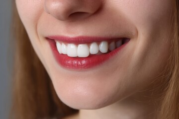 A close-up of a woman&rsquo;s smile showing white teeth and red lipstick, highlighting dental health and beauty
