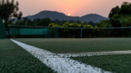 A tennis court with a white line is shown at sunset, with mountains and trees in the background