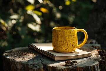 Yellow speckled coffee mug on notebook atop tree stump in dappled sunlight