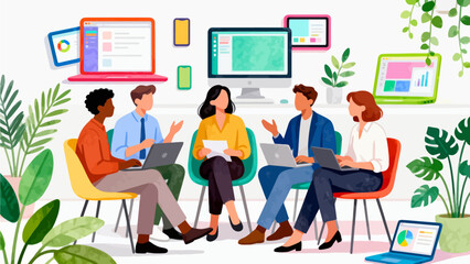 Team meeting with laptops and plants