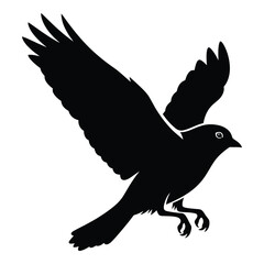 Silhouette of a black bird in mid-flight with wings spread wide and tail extended silhouette
