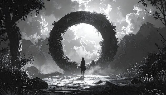 Mysterious Portal: A Silhouette of a Person in a Surreal Landscape