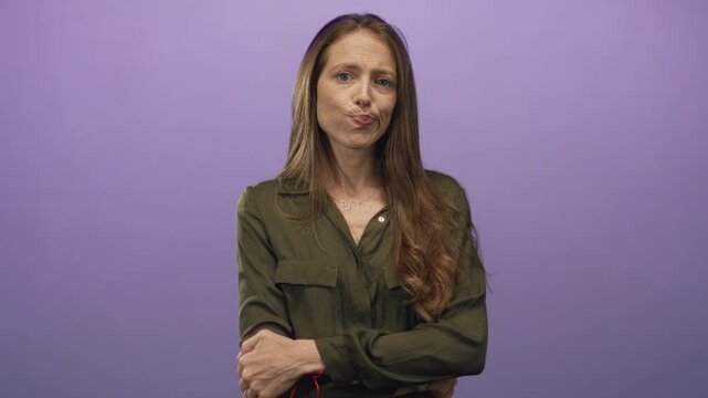 Woman in olive shirt with long hair, pursed lips and folded arms in a studio with purple backdrop; doubt.