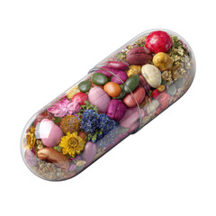A transparent capsule filled with colorful dried fruits, flowers, and seeds