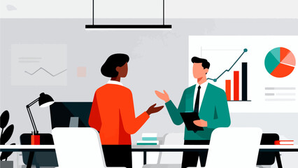 Two people discussing business data in office