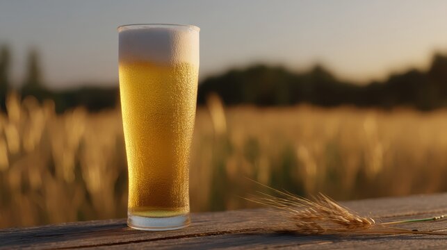 A cold glass of beer with foam sits on a wooden surface outdoors, with a wheat field blurred in the background at sunset
