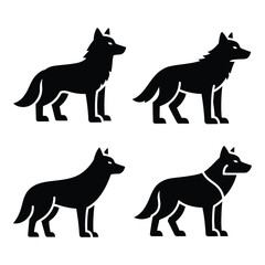 Set of four stylized wolf silhouettes poses standing alert domestic animal icon symbol art silhouette