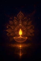 Fototapeta premium Glowing Golden Diya with Radiant Mandala Pattern for Diwali,Surreal Festive Artwork with Sparkling Diya and Ornamental Glow,generative ai