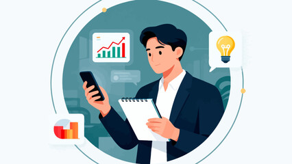 Man holding phone and notebook with charts