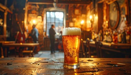 Pint of beer on a wooden table in a cozy, traditional rustic pub