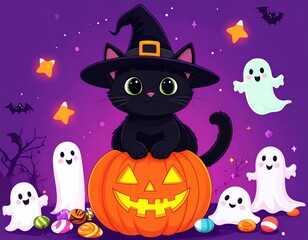 Halloween celebration with black cat pumpkin and ghosts in a spooky environment whimsical illustration