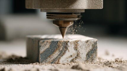 Macro photograph of a nozzle printing onto a marble block