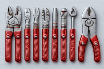 Red and silver hand tools arranged neatly against a white surface