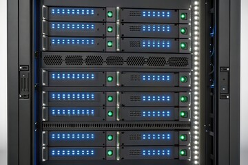 Top down view of server rack with blinking lights