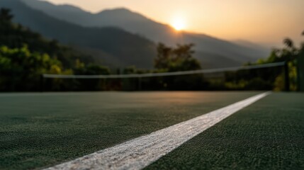 A tennis court with a white line in focus, set against a scenic mountain backdrop at sunset