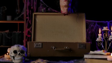 Creepy Halloween Scene with Severed Head in Suitcase