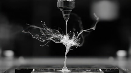 Macro shot of a nozzle dispensing liquid mid action