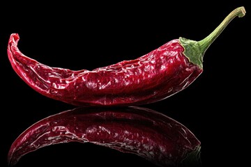 Single Dried Red Chili Pepper Reflecting On Black Surface