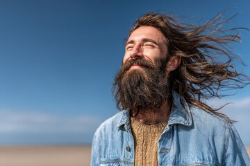 Smiling man with long beard enjoying a sunny windy day
