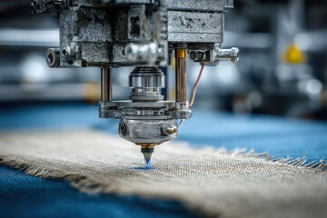 Macro shot of a nozzle printing onto fabric with industrial machine