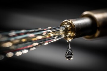 Macro shot of flowing liquid from a nozzle with data fibers