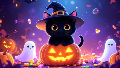 Halloween celebration with a cute black cat and ghosts in a spooky pumpkin patch at night