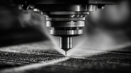 Macro shot of industrial machine nozzle cutting steel