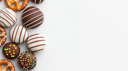 Assorted Chocolate Covered Cookies and Pretzels on White Background