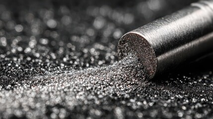 Macro shot of shiny nickel plated nozzle extruding powder